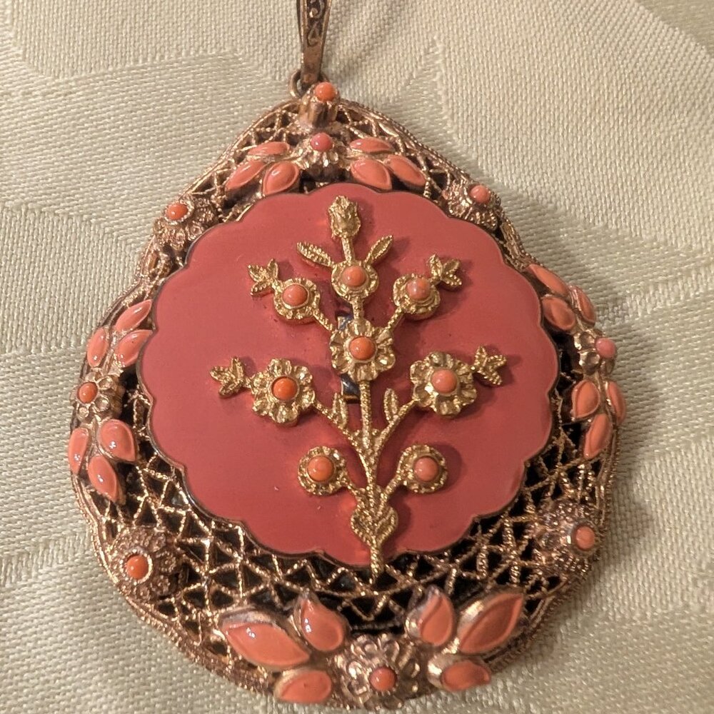 Vintage Victorian Orange Enamel Filigree Pendant Center Flower